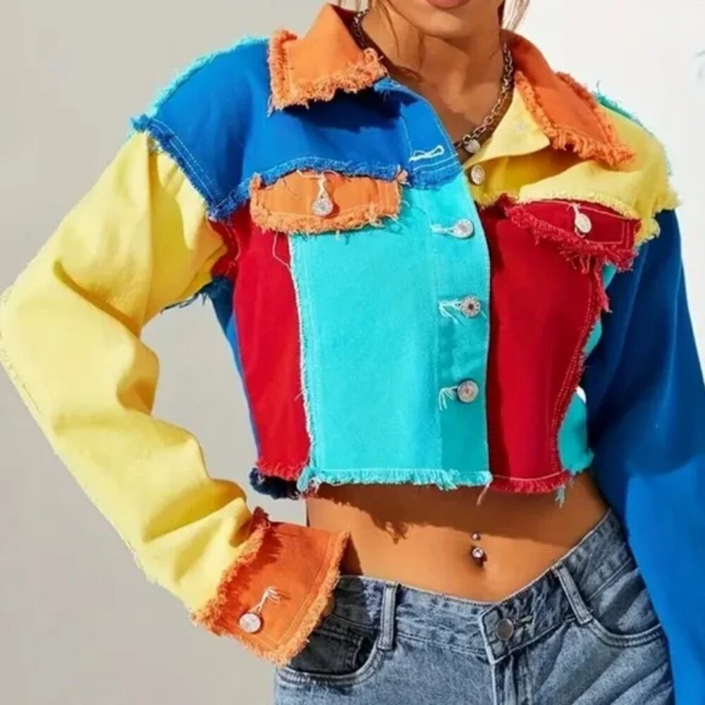 Color Block Raw Hem Frayed Button Up Crop Jacket